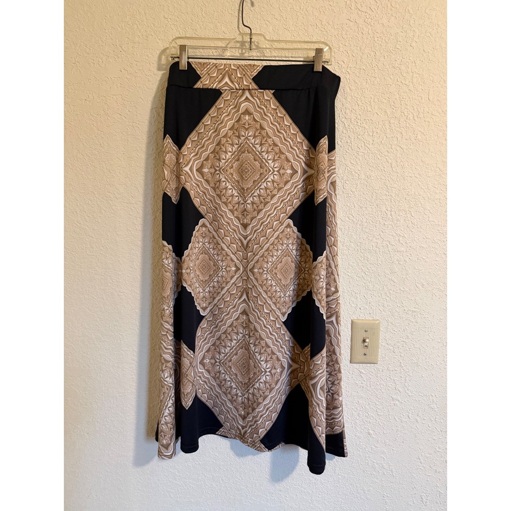 Metrowear Women XL Maxi Skirt Black Tan Geometric Medallion Rhinestone Boho Long